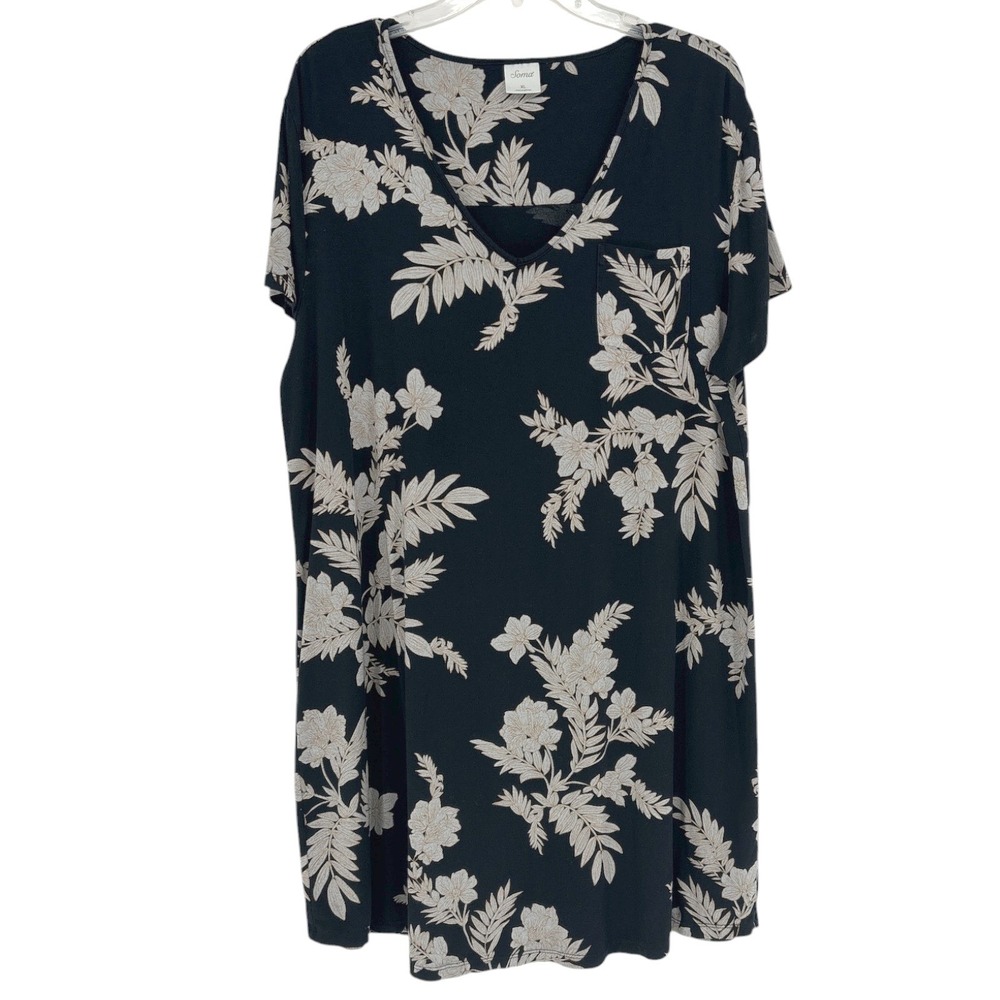 Soma Intimates Women XL Black Floral V-Neck Short Sleeve Pocket Lounge Dress